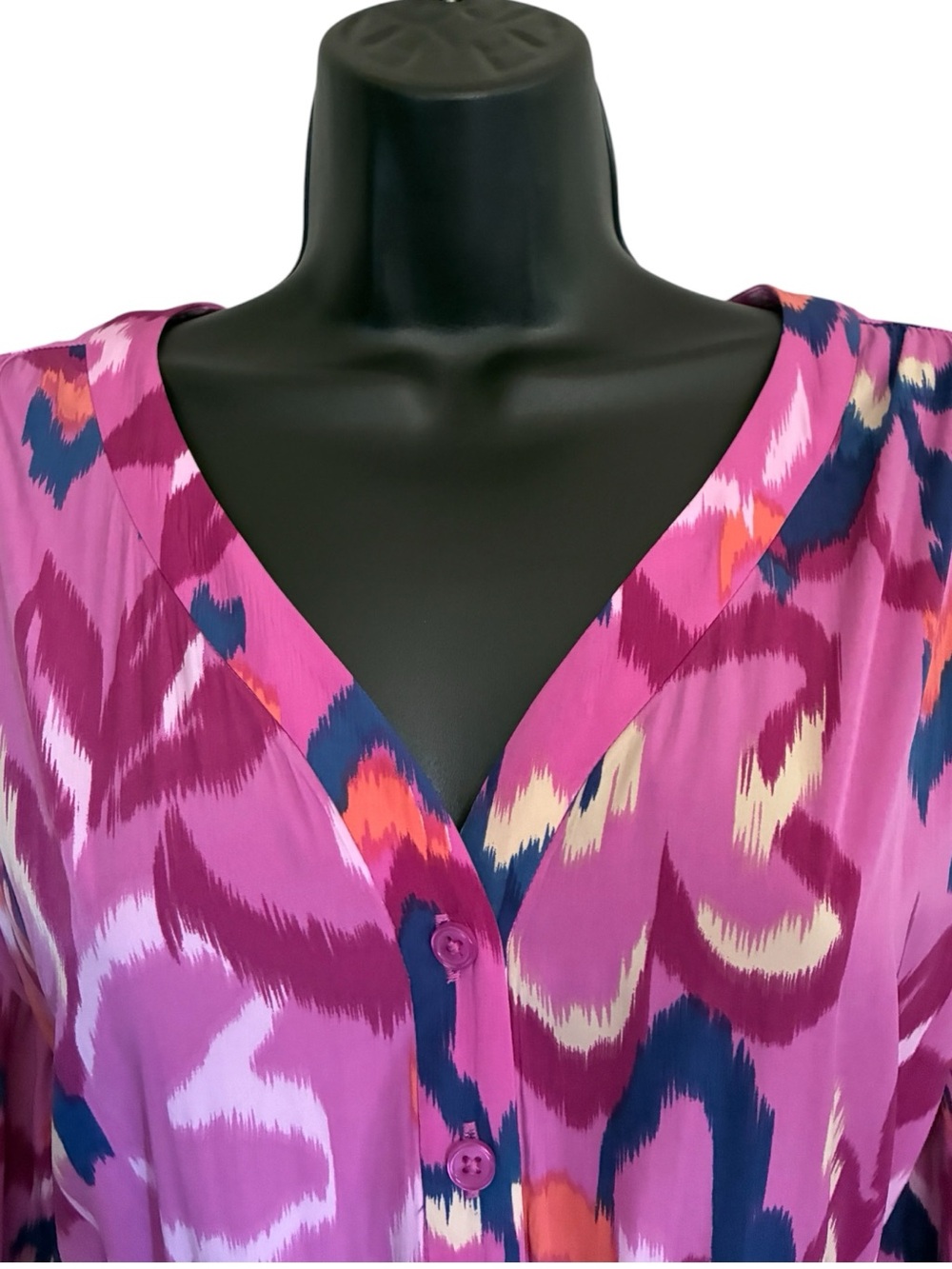Chico's Fuchsia Pink Navy Ikat Resortwear Beach Tiered V-Neck Maxi Dress Sz 2P - Picture 5 of 12